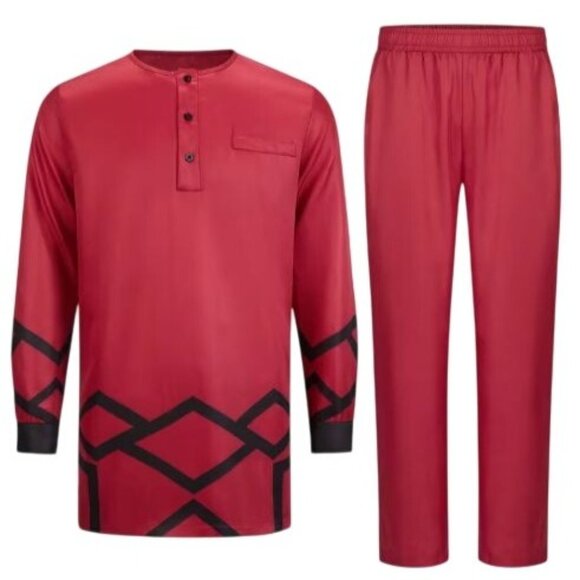 African Formal Dashiki Vibrant Red Shirt & Pant Suit Traditional Dress Outfit - Picture 2 of 5